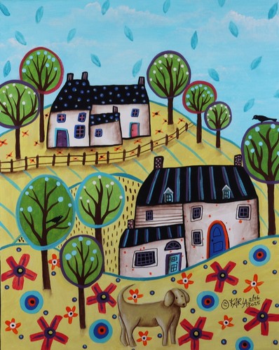 SPRING IS COMING 11x14 ORIG CANVAS PAINTING houses flowers tree dog Karla Gerard