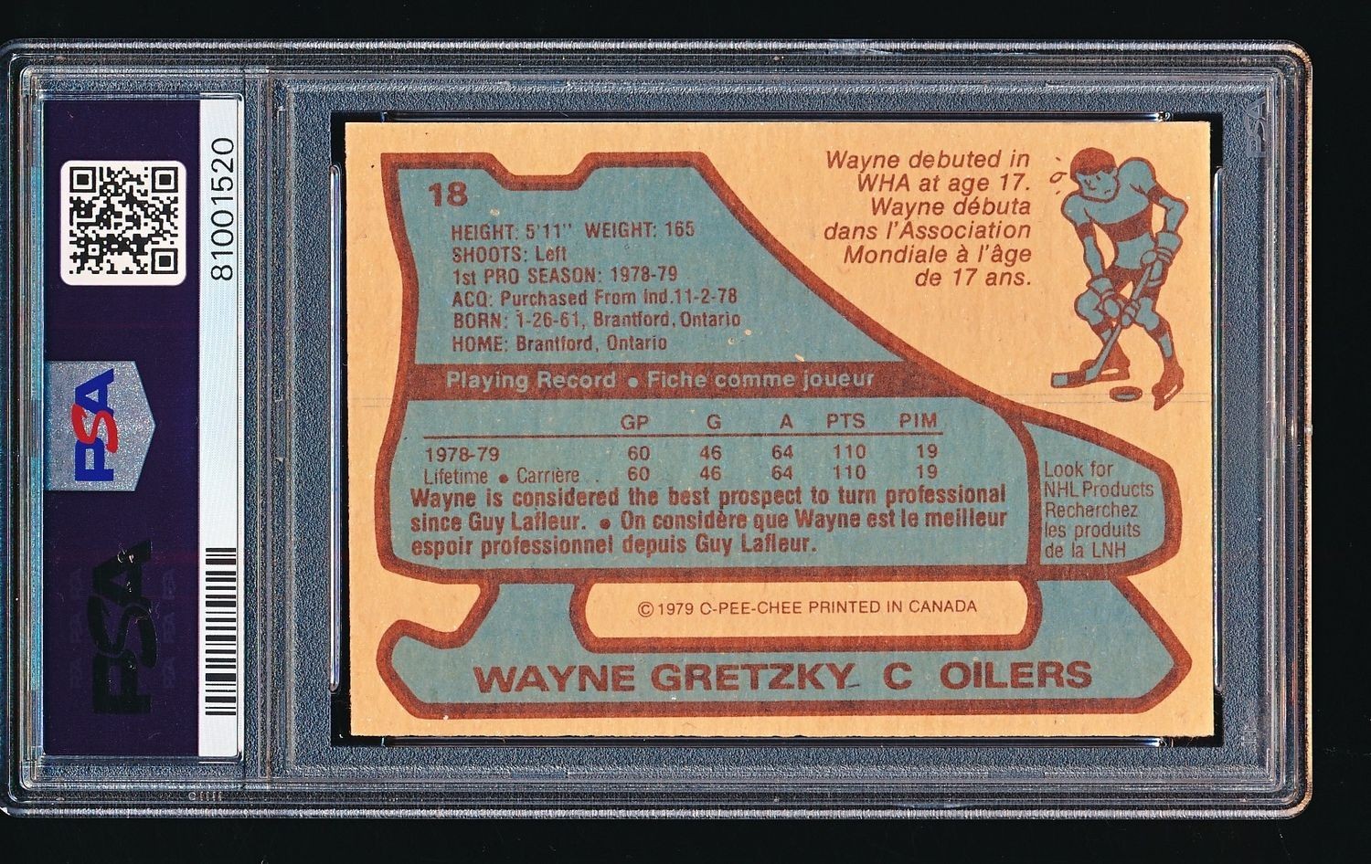1979 OPC O-Pee-Chee WAYNE GRETZKY Rookie #18 PSA 8 - BLUE LINES view 2