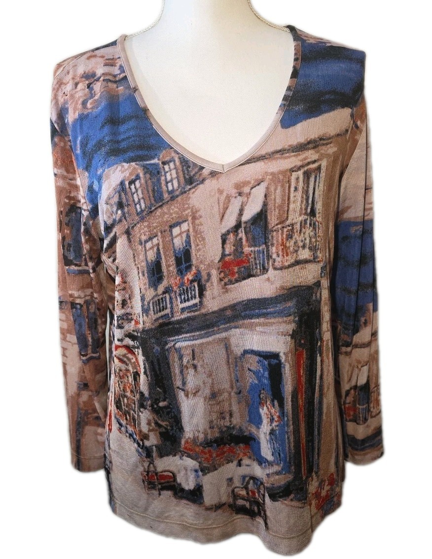 Chico’s Travelers Shirt Womens 1 Medium Slinky Knit European Cityscape V Neck