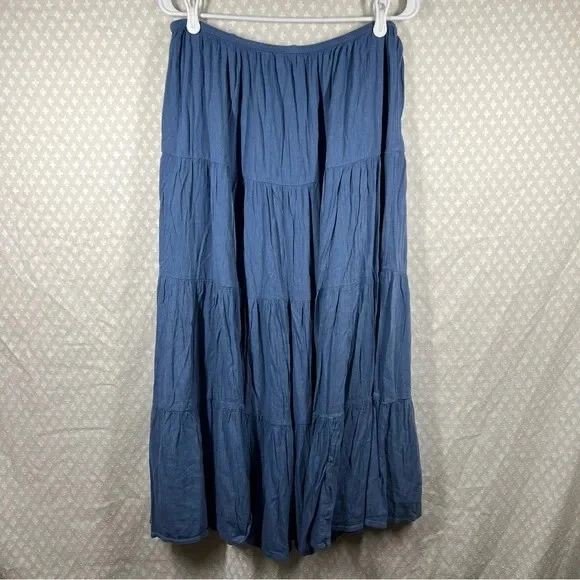 Aerie Women Skirt Sz L Blue Tiered Maxi Pull On Cotton Blend Boho Cottagecore - Image 3 of 3