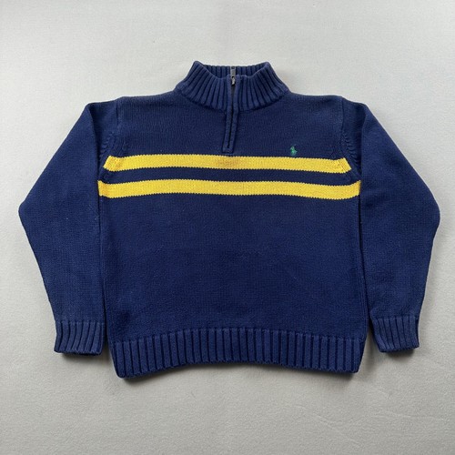 Vintage Polo Ralph Lauren Sweater Youth 7 Blue Yellow Striped Knit 1/4 Zip 90s