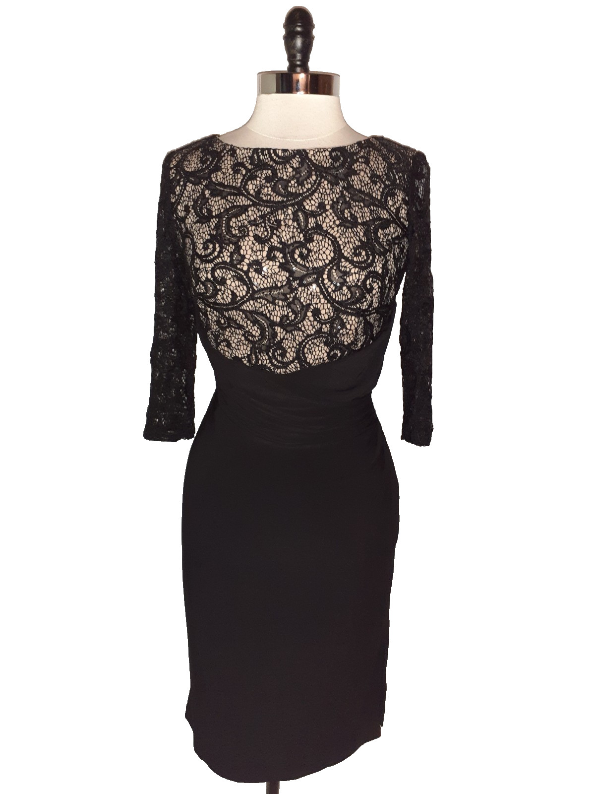 R&M RICHARDS Sz 12 Sheath Dress Black Lace Sequins 3/4 Sleeve Stretch Knit Midi