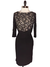 R&M RICHARDS Sz 12 Sheath Dress Black Lace Sequins 3/4 Sleeve Stretch Knit Midi