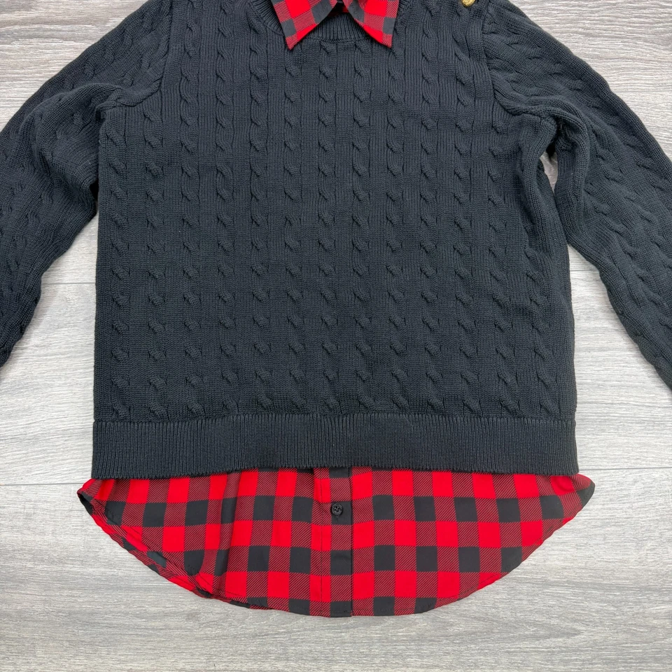 Suéter feminino Ralph Lauren pequeno preto malha de cabo búfalo xadrez botões dourados - Imagem 3 de 4