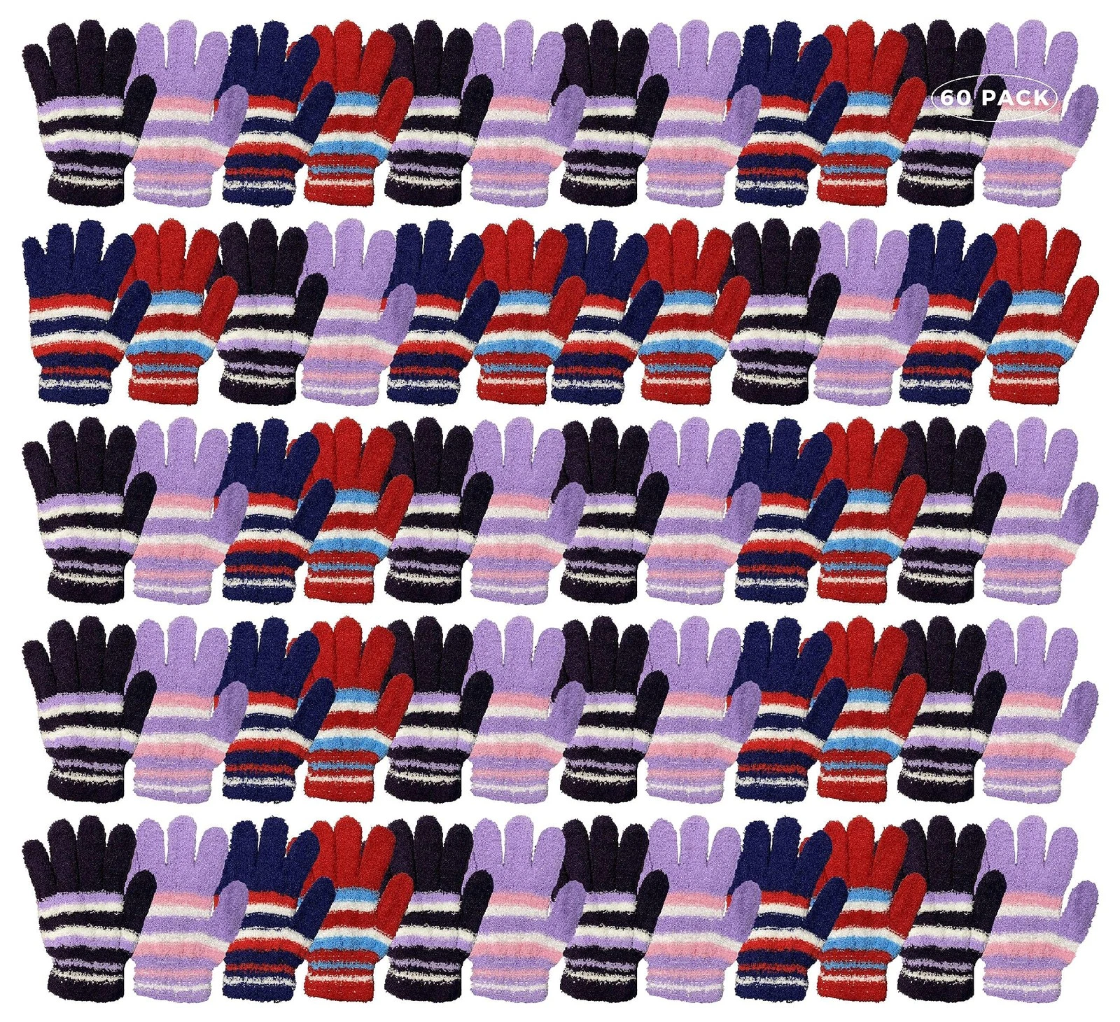 60 PK of Women's Fuzzy Gloves, Magic Stretch Striped and Solid Winter Gloves