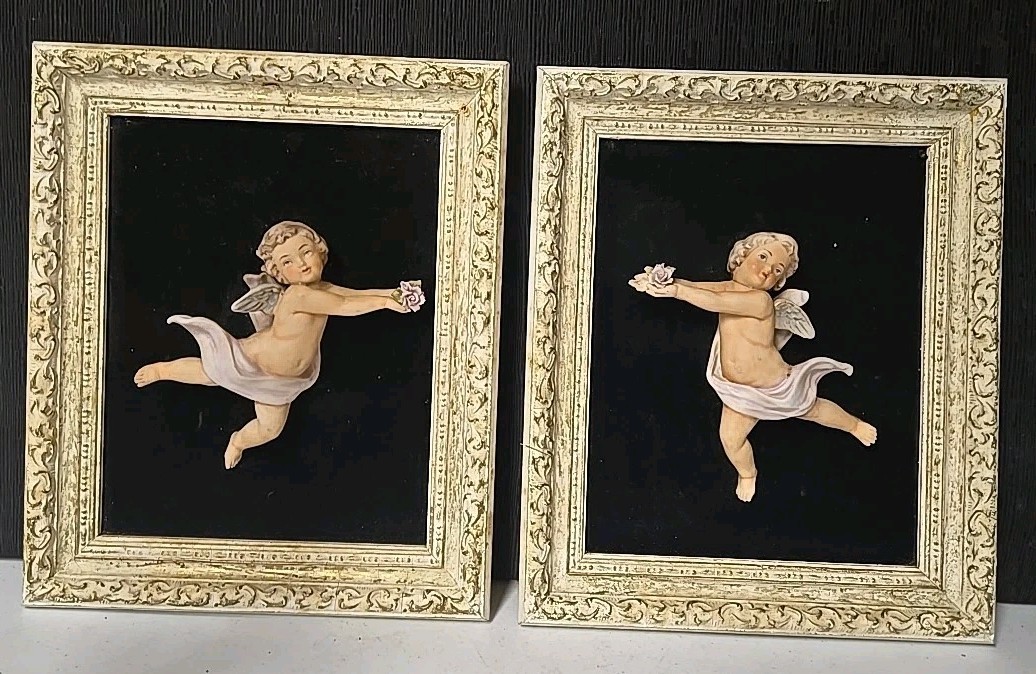 Vintage Italian Bisque Cherub Wall Plaques Pair 10x12 Capodimonte Style Putti...