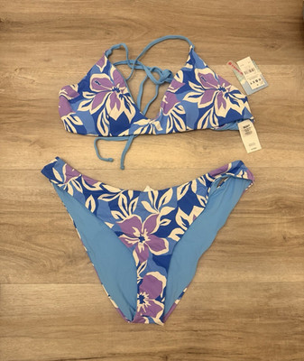 ROXY Reversible 2-Piece  Bikini Set Floral Blue Purple XL orginal at $86