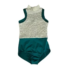 Weisman Girls Leotard L Child Dance Twirler Majorette Outfit Sequins White Jade