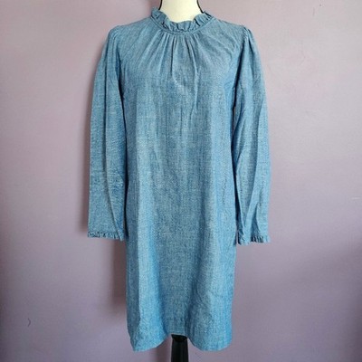 Size 4 J. Crew 100% Cotton Chambray Modest Prairie Ruffle Neck Midi Shift Dress