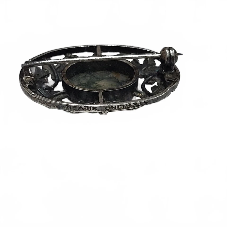 Broche floral Bernard Instone de plata de ley con piedra de ágata musgo escocés Foto 2 de 4