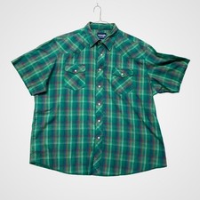 Wrangler Western Shirt Mens XXL Green Excellent Pearl Snap Plaid Short Sleeve