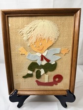 VINTAGE CHILD NURSERY FELT ART WHIMSICAL BOY FRAMED