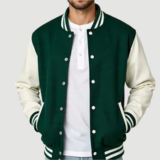 Dark Green and White Varsity Letterman Jacket | Premium Wool and Leather Sleeves