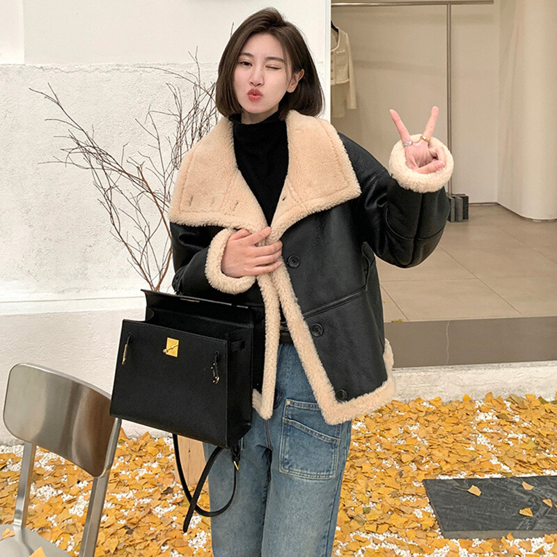 Winter Stand Collar Womens Real Lamb Wool Fur Lined Leather