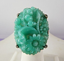 Vintage Large Chunky Carved Flowers Peking Glass Ring Size 6 Adjustable FABULOUS