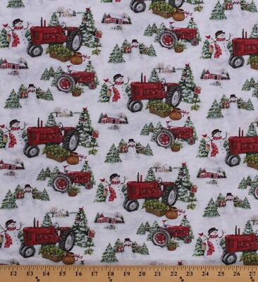 Cotton Christmas Farm Tractors Snowman Winter Fabric Print by the Yard D405.51