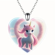 Cute Unicorn Heart Shaped Crystal Pendant Necklace Jewelry