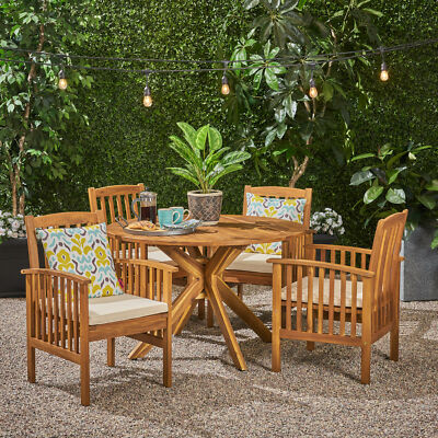 Phoenix Outdoor Acacia 4-Seater Dining Set with Cushions and 47'' Round Table wit