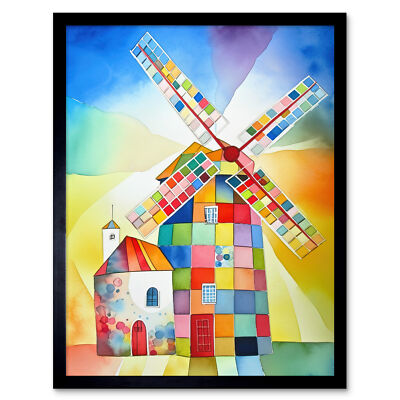 Abstraktes Patchwork Windmühle Alt Amsterdam Volkskunst Gerahmter Wandkunstdruck 12X16
