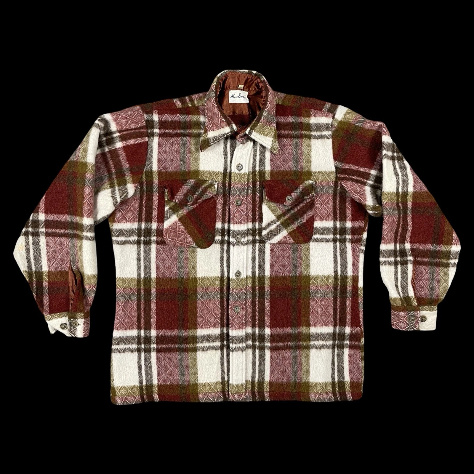 VTG 70’s Mens Wool Plaid Jacket Large Western Chore Coat Red Brown MADE IN USA