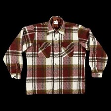 VTG 70’s Mens Wool Plaid Jacket Large Western Chore Coat Red Brown MADE IN USA