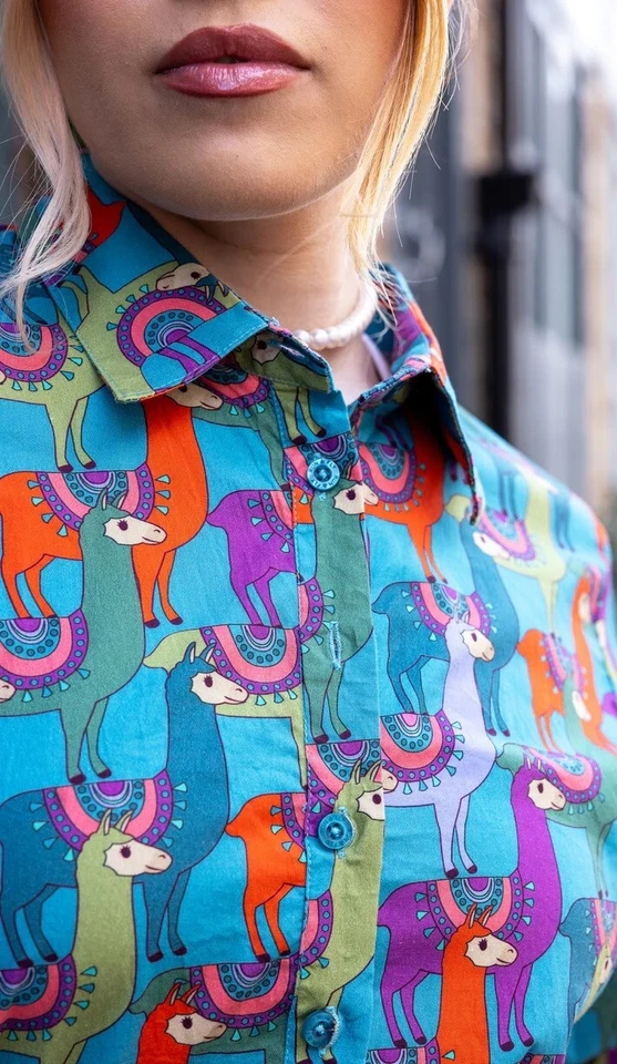 RUN AND FLY Party Llama Print Jumpsuit 8-26 Süß Bunt Schrullig Alt Retro Vtg - Bild 4 von 4