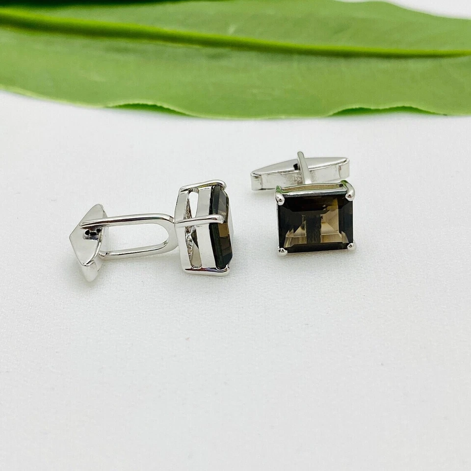 Gemelos de plata de ley 925 con piedras preciosas de topacio ahumado natural para regalo de cumpleaños para hombre Foto 3 de 4