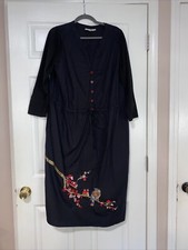 EShakti Dress Custom 1X (16W-18W) Embroidered Birdsong Elastic Waist Cotton
