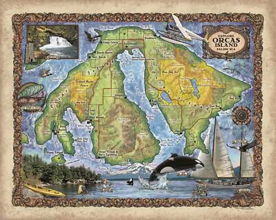 Orcas Island Puget Sound Washington Map Print Poster Vintage Wall Art Home Decor