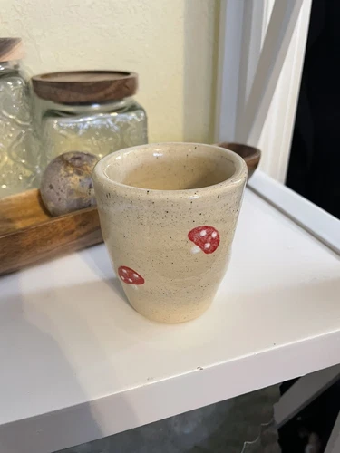 Signed Studio Pottery Stoneware Hand Thrown Hand Painted Rustic Mushroom Cup