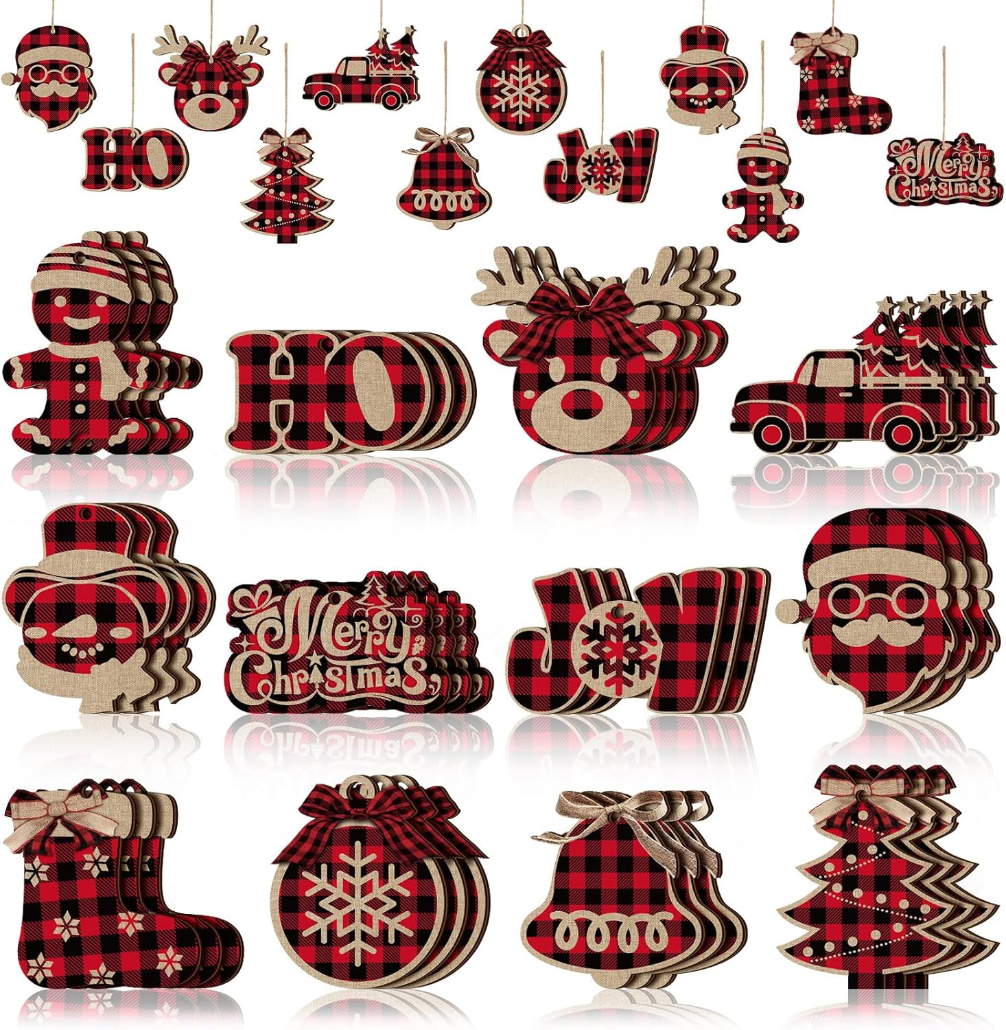 36 Pieces Christmas Buffalo Plaid Hanging Ornaments Christmas Tree Wooden Hangin
