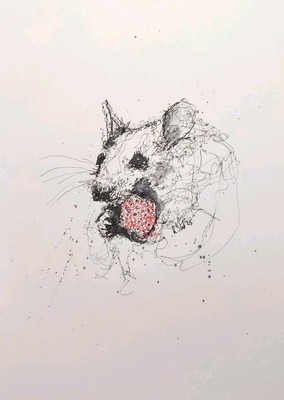 Original MOUSE EATING STRAWBERRY Ink Sketch #70 (2025) - A4 - By Ray Statter