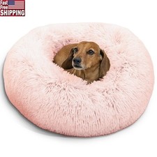 Calming Donut Dog Cat Bed Soft Plush Faux Fur Bed Orthopedic Support Cozy Nest