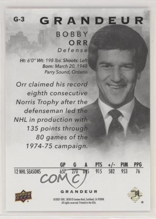 2021 Upper Deck Grandeur Bronze /399 Bobby Orr #G-3 HOF - Image 2 of 2