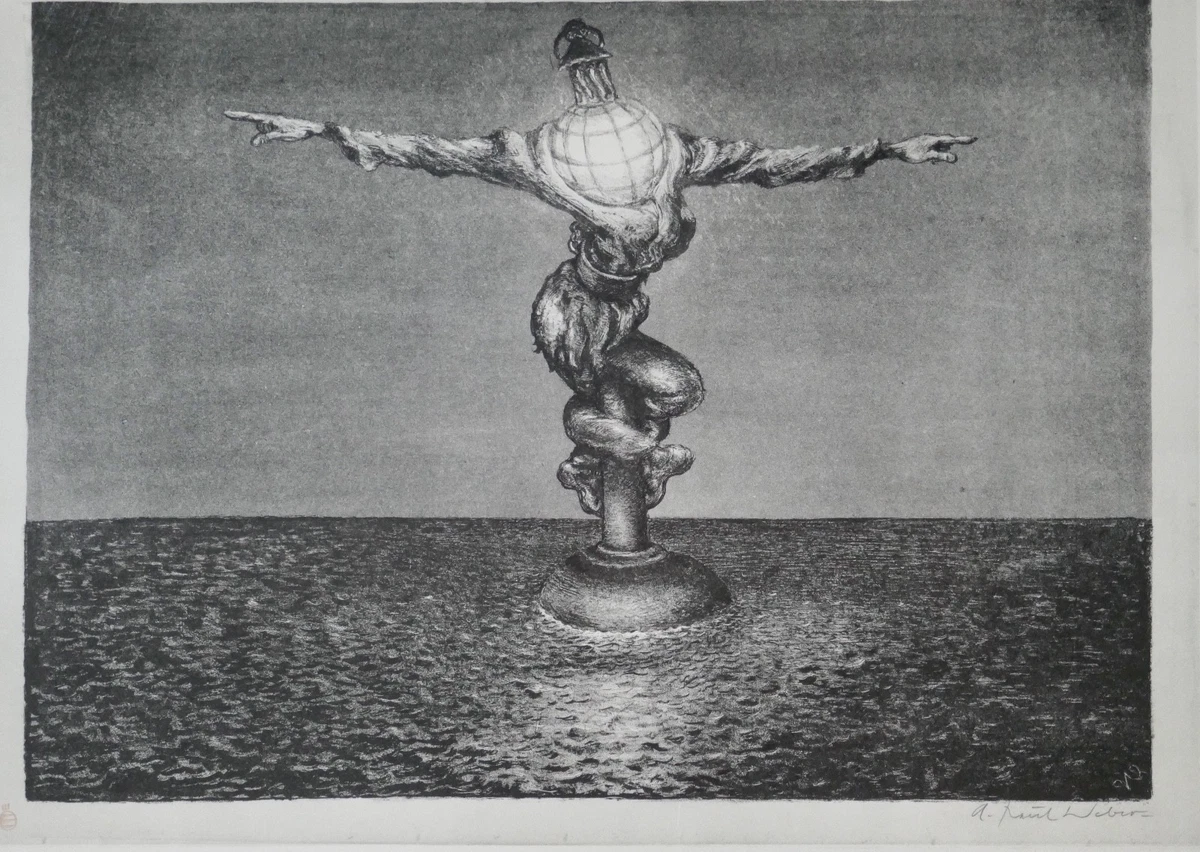 A. Paul Weber, Original Lithographie, signiert, Der Wegweiser