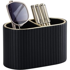 PU Leather Desk Organizer Pen Holder Dual Compartment Office Storage Black