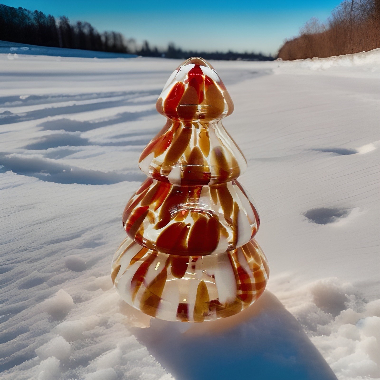Hand Blown Orange Brown White Swirl Art Glass Christmas Tree Polish Zorza  9.5”