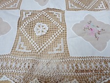 BEAUTIFUL TABLECLOTH -LACE AND EMBROIDERED FLOWERS--96" X 68"-- T41-1