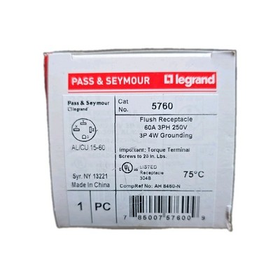 Legrand Pass & Seymour 5760 Power Flush Receptacle Outlet, 60 Amp 3 Phase 250V