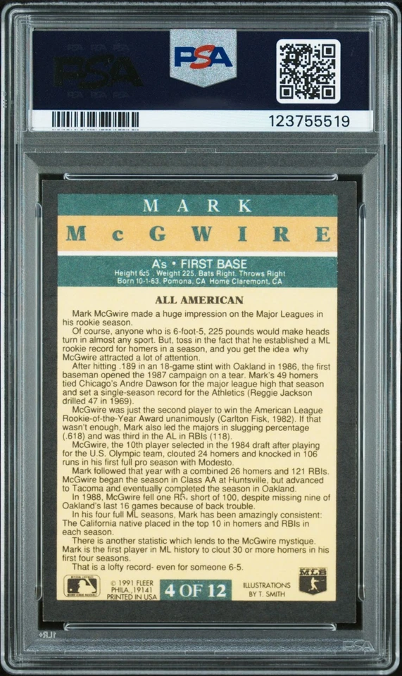 Tarjeta firmada por Mark McGwire 1991 Fleer Pro-Visions #4 PSA 7 automático 10 certificado # 23755519 Foto 2 de 2