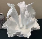 Vintage Fenton Hobnail Milk Glass Epergne Ruffled Bowl 3 Horned Vase Excellent