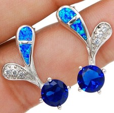 4CT Treated Blue Sapphire & Australian Opal Inlay 925 Sterling Silver Earrings