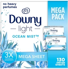 Downy Light Mega Dryer Sheets, Fabric Softener Dryer Sheets, Ocean Mist, 130 Cou