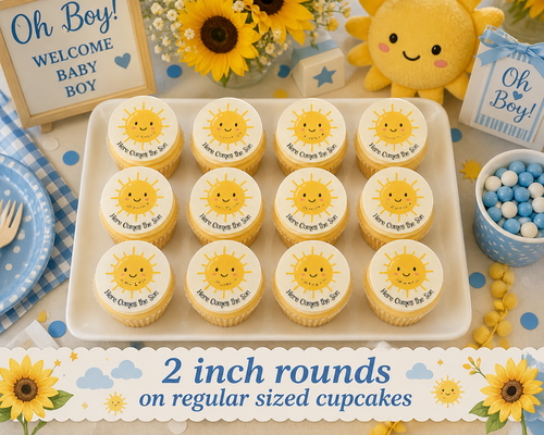 12 pc. Here Comes the Son edible image rounds, choose size, Wafer paper, pre cut - Afbeelding 1 van 5