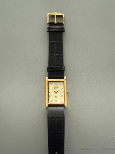 Vintage Seiko Tank Wrist Watch Refurbished White Dial Gold Bezel Black Strap
