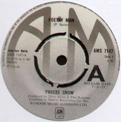 PHOEBE SNOW ~ POETRY MAN / EITHER OR BOTH ~ 1975 UK ''PROMO'' VINYL 7'' SINGLE