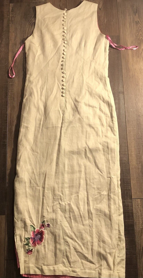 Vestido feminino vintage bordado floral bege linho com flores coloridas tamanho 6. - Imagem 3 de 4