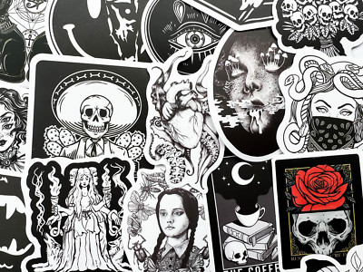 15 Random Gothic Skull Black and White Cool Laptop Stickers Dark Tattoo Goth
