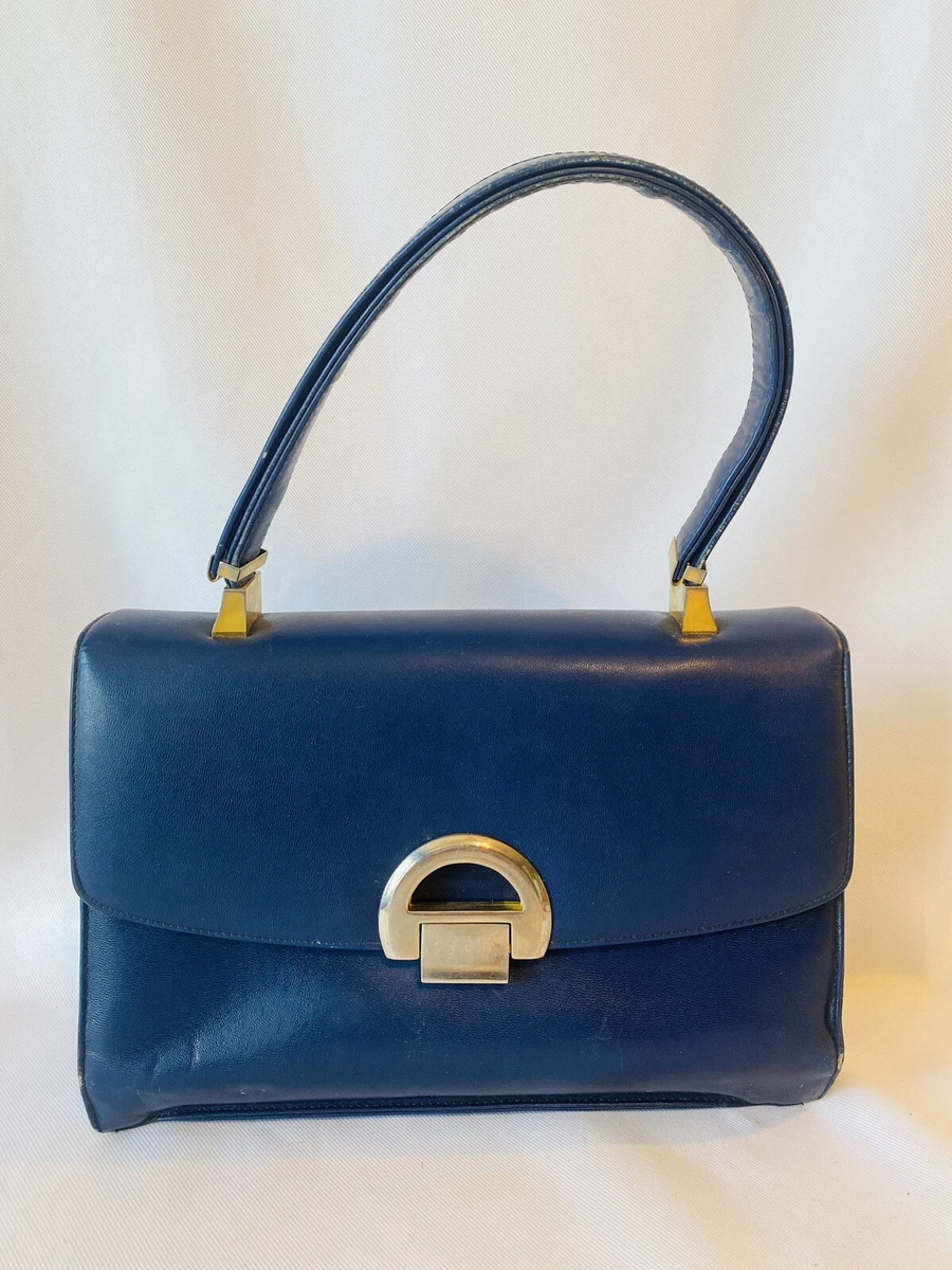 Vintage Koret Navy Blue Leather Red Interior Handbag Purse Coin Handle Expands