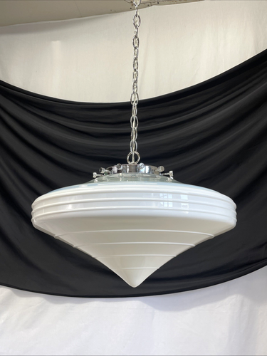LARGE 19" Antique Vtg Art Deco Glass Pendant Light 1920s 1930 1940s Diner Atomic - Picture 7 of 24